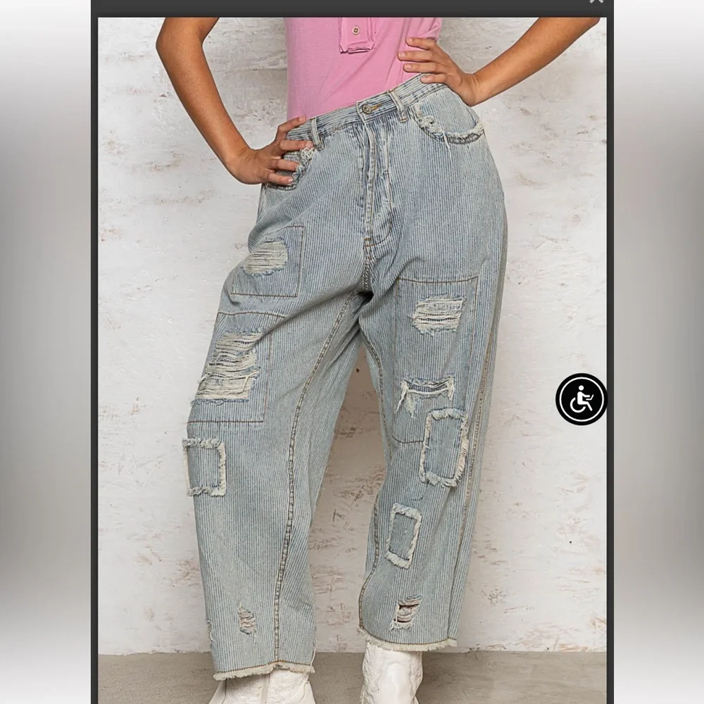 Pol FWP12 Stripe Denim High Rise, Cropped Silhouette, Loose Fit Pants 🌸🌸 - Picture 1 of 2